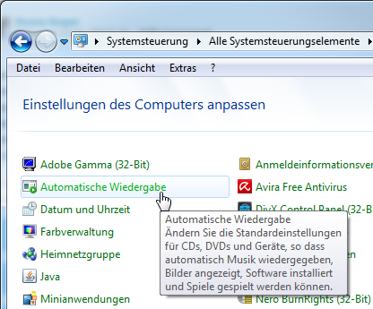 Systemsteuerung - automatische Wiedergabe Systemsteuerung - automatische Wiedergabe